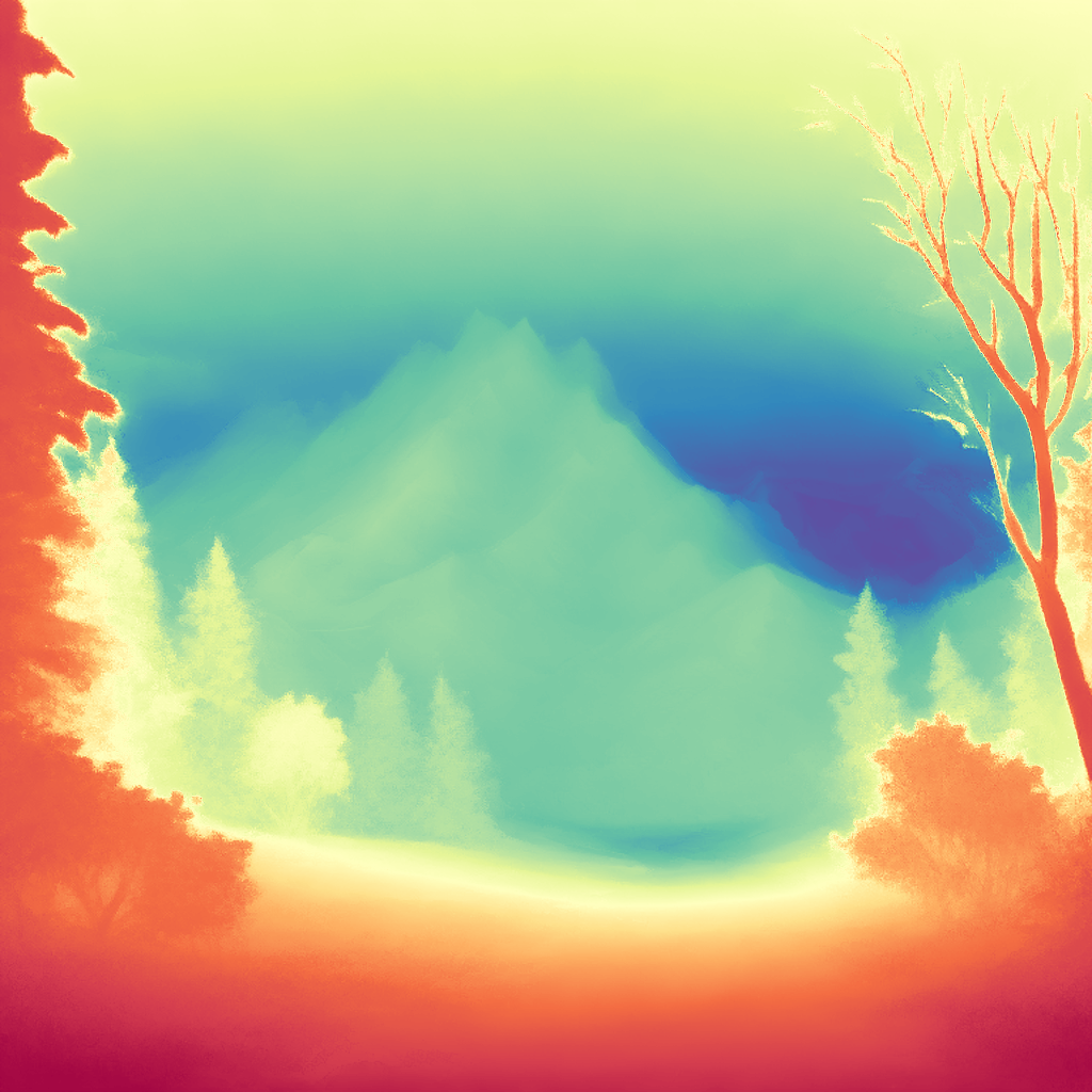 A heatmap of the depth of an landscape. Elements close to the viewer are in red, while the remote elements are in blue. 