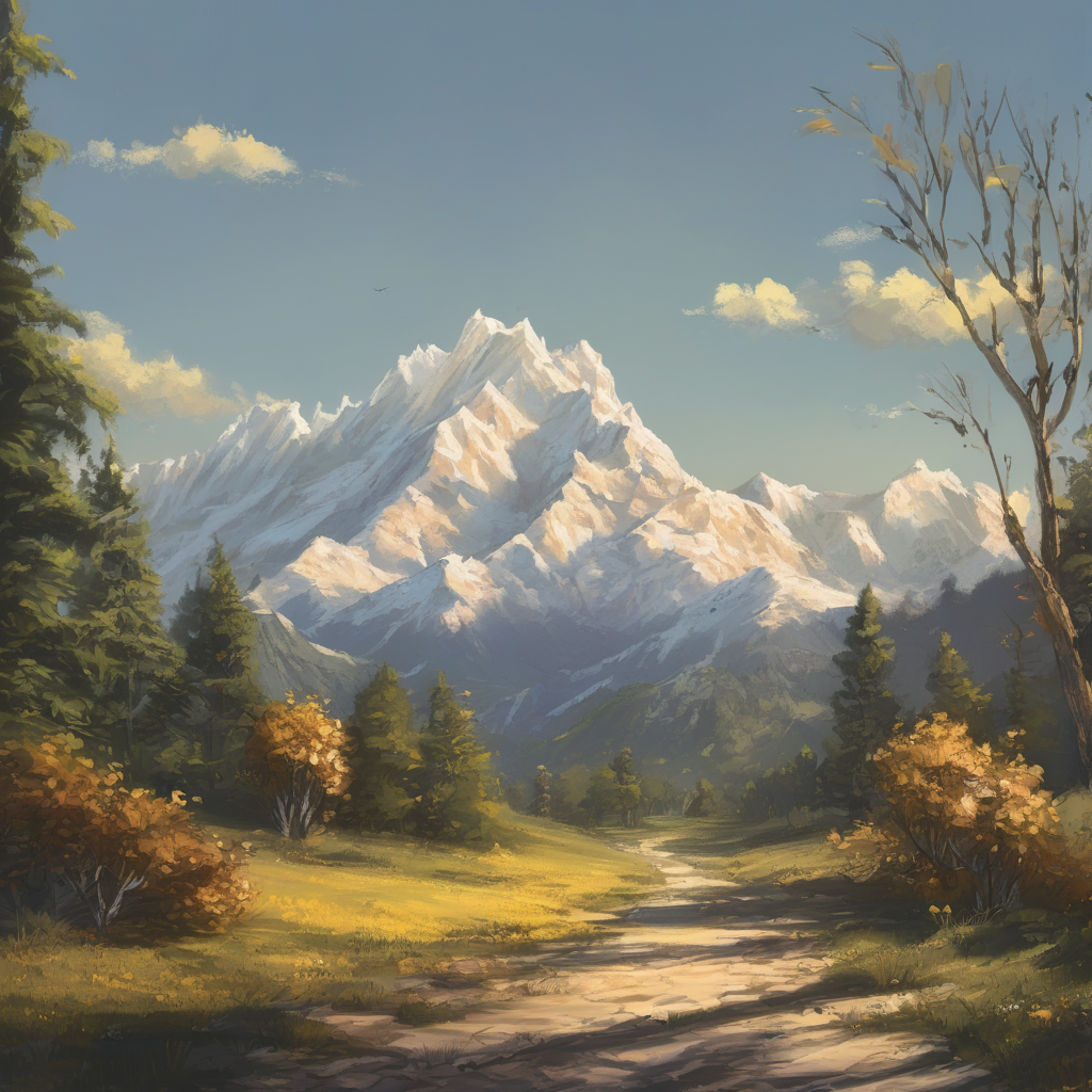 An AI-generated landscape of a sunny mountain, with trees on the borders.