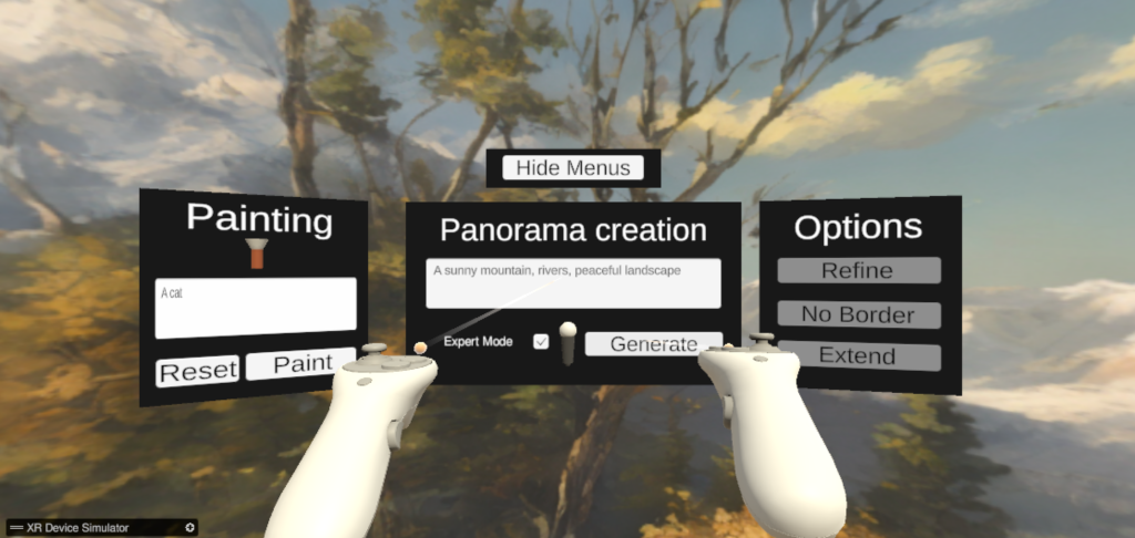 A scene presenting 4 3D panels for VR. To white controllers are pointing forward.