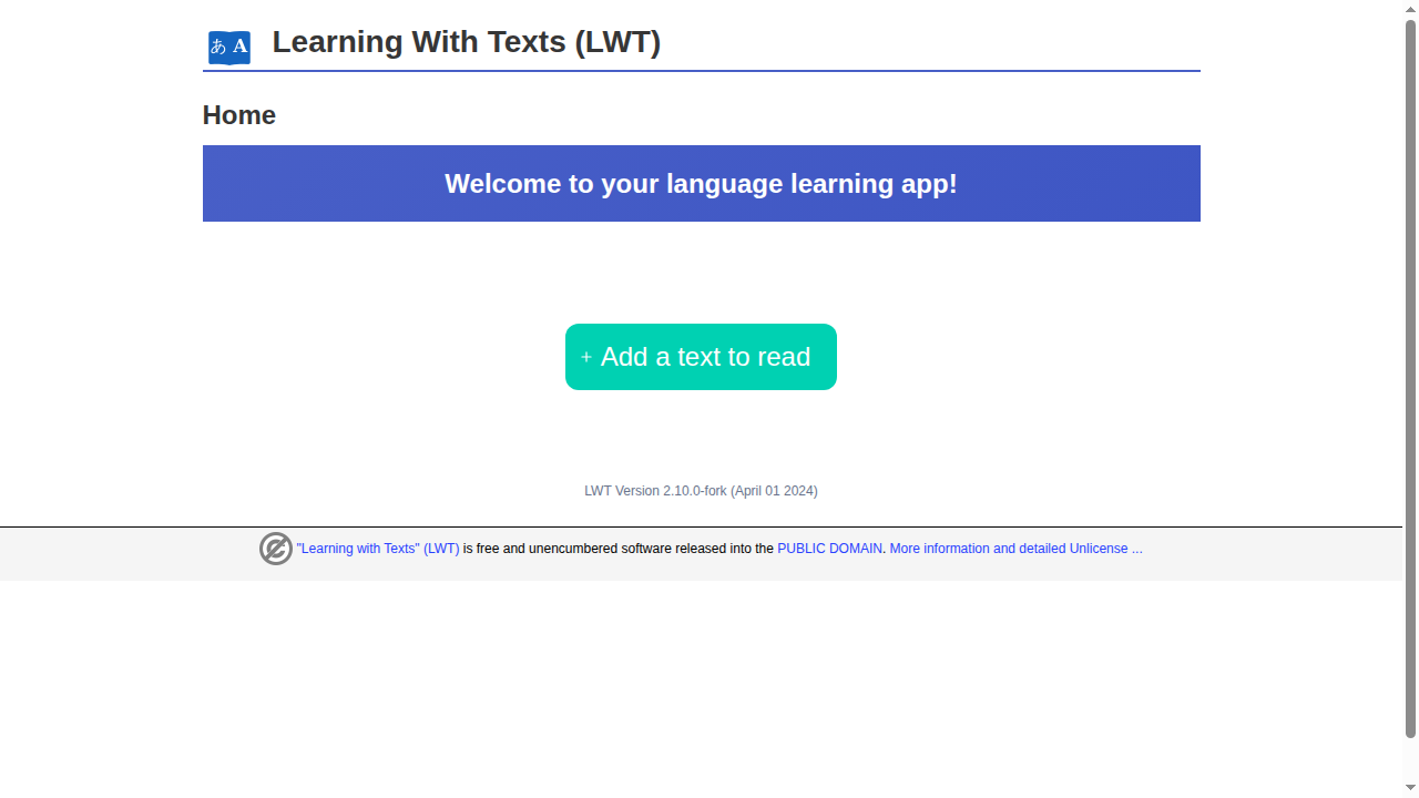 LWT v3.0 home — a single &ldquo;Add a text to read&rdquo; button