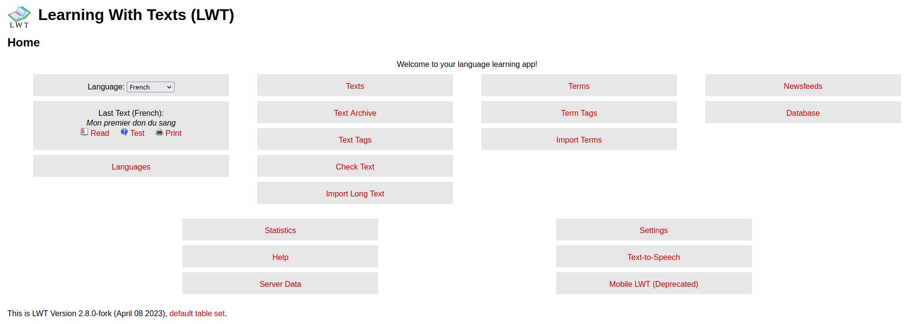 LWT v2.x home — 15 buttons, no clear entry point
