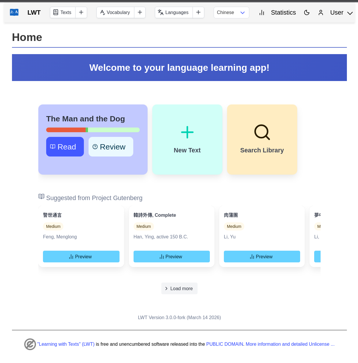 LWT 3.0.0 welcome page